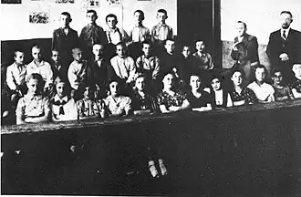 Учителя Йехескл Файнштейн и Йосл Лернер (слева) с классом. Штефанешты, 1938 год