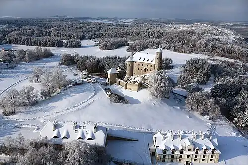 Замок с высоты птичьего полёта зимой