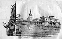 Набережная р. Вологды. Дом генерал-губернатора, церковь Зосимы и Савватия и Красный мост. Гравюра 1855 г.