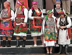 Этнографический ансамбль в мокшанских национальных костюмах, женщина справа в переднем ряду обута в традиционные сапоги со сборами на голенище.