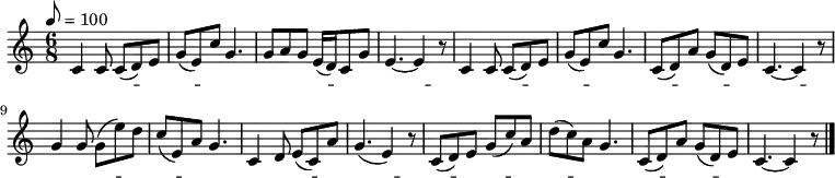 
 \relative c' {
  \new PianoStaff <<
   \new Staff { \key c \major \time 6/8 \tempo 8 = 100
   c4 c8 c( d) e | g( e) c' g4. | g8 a g e16( d) c8 g' | e4. ~ e4 r8 |
   c4 c8 c( d) e | g( e) c' g4. | c,8( d) a' g( d) e | c4. ~ c4 r8 |
   g'4 g8 g( e') d | c( e,) a g4. | c,4 d8 e( c) a' | g4.( e4) r8 |
   c( d) e g( c) a | d( c) a g4. | c,8( d) a' g( d) e | c4. ~ c4 r8 \bar "|."
   }
   \addlyrics {
   い の ち -- み じ -- か し こ い せ よ -- お と め --
   あ か き -- く ち -- び る あ -- せ ぬ -- ま に --
   あ つ き -- ち し -- お の ひ え ぬ -- ま に --
   あ -- す の -- つ き -- ひ は な -- い も -- の を --
   }
  >>
 }
