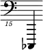 { \new Staff \with { \remove "Time_signature_engraver"} {\clef "bass_15" ces,,,,4}}