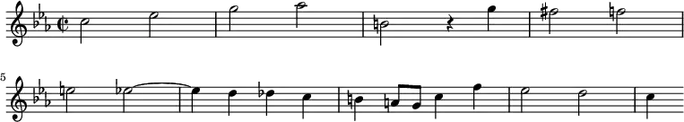 \relative c'{
\clef treble
\key c \minor
\time 2/2
\set Staff.midiInstrument = "harpsichord"
c'2 ees | % 1
g aes | % 2
b, r4 g' | % 3
fis2 f | \break % 4
e ees~ | % 5
ees4 d des c | % 6
b a8 g c4 f | % 7
ees2 d \bar "|" | % 8
c4
}