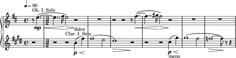 { \new PianoStaff << \new Staff \relative c'' { \set Staff.midiInstrument = #"oboe" \clef treble \time4/4 \tempo 4=90 \key b \minor \partial 2 r8^"Ob. I. Solo" e4.\mp\<~( | \time 3/2 e4.. fis16\! e2)\> r\! | R1*3/2 | r2 r r8 fis4.~(\< | fis4.. gis16\! fis2)\> r\! | R1*3/2 | R1*3/2 | } \new Staff \transpose bes c' \relative bes' { \set Staff.midiInstrument = #"clarinet" \transposition bes \clef treble \time 4/4 \key b \minor \partial 2 r2 | \time 3/2 r2 r^"Clar. I. Solo" a4(^"dolce"\p\< e')\! | e1( d2 | cis1)\> r2\! | r r b4-"meno"\p\<( fis')\! | fis1( e2 | ees1~\> ees8)\! r r4 |} >> }
