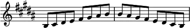 \new Staff \with {\remove "Time_signature_engraver"} {\key b \major \set Score.tempoHideNote = ##t \tempo 8 = 120
b8    cis'8    dis'8    e'8    fis'8    gis'8    ais'8    b'8
b'8    ais'8    gis'8    fis'8    e'8    dis'8    cis'8    b8 }