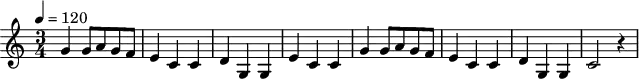 
M: 3/4
Q: 1/4=120
G2 G A G F | E2 C2 C2 | D2 G,2 G,2 | E2 C2 C2 |
G2 G A G F | E2 C2 C2 | D2 G,2 G,2 | C4 z2    |