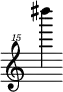 { \new Staff \with { \remove "Time_signature_engraver"} {\clef "treble^15" dis''''''4}}