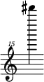 { \new Staff \with { \remove "Time_signature_engraver"} {\clef "treble^15" dis'''''''4}}
