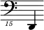{ \new Staff \with { \remove "Time_signature_engraver"} {\clef "bass_15" d,,,4}}
