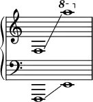 \new PianoStaff <<
  \new Staff = "right" \with {\remove "Time_signature_engraver"} {\time 2/1
    f1 \glissando \ottava #1 a'''1
  }
  \new Staff = "left" \with {\remove "Time_signature_engraver"} {
    \clef bass
    f,,1 \glissando e,1
  } >> 