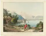 Замок Шильон, Женевское озеро, вид с севера. Между 1790 и 1797. Офорт, акварель. Швейцарская национальная библиотека, Берн