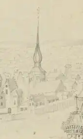 Фрагмент рисунка шведского фортификатора Э. Дальберга 1681 года с изображением кафедрального собора и его колокольни