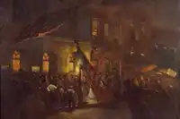 Смертельно раненного Авраама Линкольна на руках выносят из театра Форда, Вашингтон, округ Колумбия. Художник К. Берш