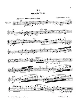 «Воспоминание о дорогом месте». Часть I. «Размышление» (первая страница скрипичной партии). Первое издание, вышедшее в Издательстве Петра Юргенсона. 1879